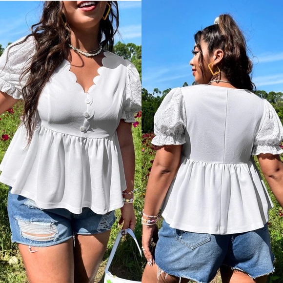 SHEIN Tops - Shein Curve Eyelet Embroidered Puff Sleeve Scallop Trim Peplum Top Plus Size 3XL